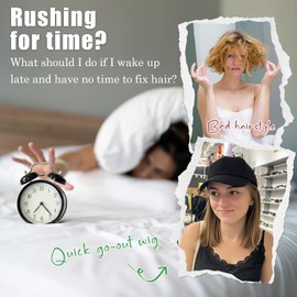 Qlenkay Baseball Cap with Hair 14in Short Hairstyle Straight Bob Non-Detachable Adjustable White Hat Wig Attached Dark Black Hairpiece for Women