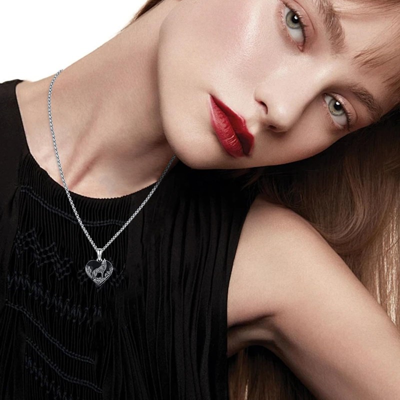 ABIGY Wolf Necklace 925 Sterling Silver Black Crystal Wolf Necklace