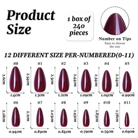 LunarCharm 240 Pieces Purple Red Almond Press on Nails Medium Size Fake Nails Press ons, False Acrylic Nails Almond Nails Artificial Nail Tips