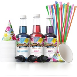 Hawaiian Shaved Ice Syrup Set - 3 Flavors (Cherry, Blue Raspberry, Grape), 16oz Bottles with 25 Snow Cone Cups, 25 Spoon Straws & 3 Pour Spouts - Allergy-Friendly Snow Cone Kit