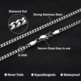 OLARCU 5mm Mens Silver Stainless Steel Cuban Link Chain Necklace for Men (5mm-Silver, 24 Inches)