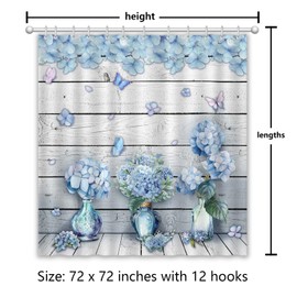 APROPHIC Flower Shower Curtain Spring Blue Hydrangea Butterfly Bathroom Curtain Vintage Plank Plant Shower Curtain Set Waterproof Bathroom Decoration 72 x 72 Inches