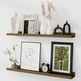 Fun Memories Picture Ledge Shelf, Pine Wood Floating Shelves Set of 2, 36 inch Nursery Book Shelves, Photo Ledge Book Shelves Wall Mounted for Living Room Kids' Room Bedroom - Light Brown