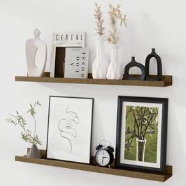 Fun Memories Picture Ledge Shelf, Pine Wood Floating Shelves Set of 2, 36 inch Nursery Book Shelves, Photo Ledge Book Shelves Wall Mounted for Living Room Kids' Room Bedroom - Light Brown