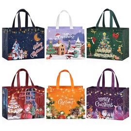 BBLIKE Pack of 6 Christmas Gift Bags, Large, 30.5 x 25 x 17 cm, Non-Woven Christmas Bags with Handles, Christmas Gift Bags with Santa Claus, Elk, Christmas Tree Design