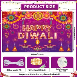Happy Diwali LED Light Backdrop Banner Decorations, Indian Diwali Backdrop Banner Deepawali Festival of Lights LED Light Banner Decorations