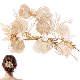 CABODYALS 1Pc Gold Flower Hair Clips Brides Wedding Head Barrette Floral Pearl Decorative Petal Shape Silhouette Alligator Clip Alloy Head Accessories for Women Evening Dress Bridals Party Accessory