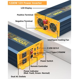 MWXNE 1200 Watt Pure Sine Wave Power Inverter DC 12V to 110V AC Converter with Dual AC Outlets, PD60W/QC3.0 Fast Charging USB Ports, Car Solar Inverter with LCD Display for Home RV Truck