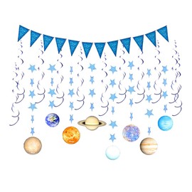 21 Pcs Solar System Hanging Party Supplies, Solar System Planet Hanging Swirl Decorations, Blue Triangle Banner For Out Space Birthday Party Decorations