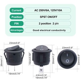 Taiss/8Pcs 12V Round Rocker Switch AC 6A/250V 10A/125V SPST 2 Pin 2 Position On/Off Toggle Switch for Car Boat Automotive RV Black KCD1-5-101-BK