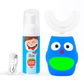 Kids U Shaped Electric Toothbrush with Specialized Foam Toothpaste, Toothbrush Set, Fun Cartoon owl 360-Degree Cleaning IPX7 Waterproof Design (2-12 Age (Blue and Pink Random Color))