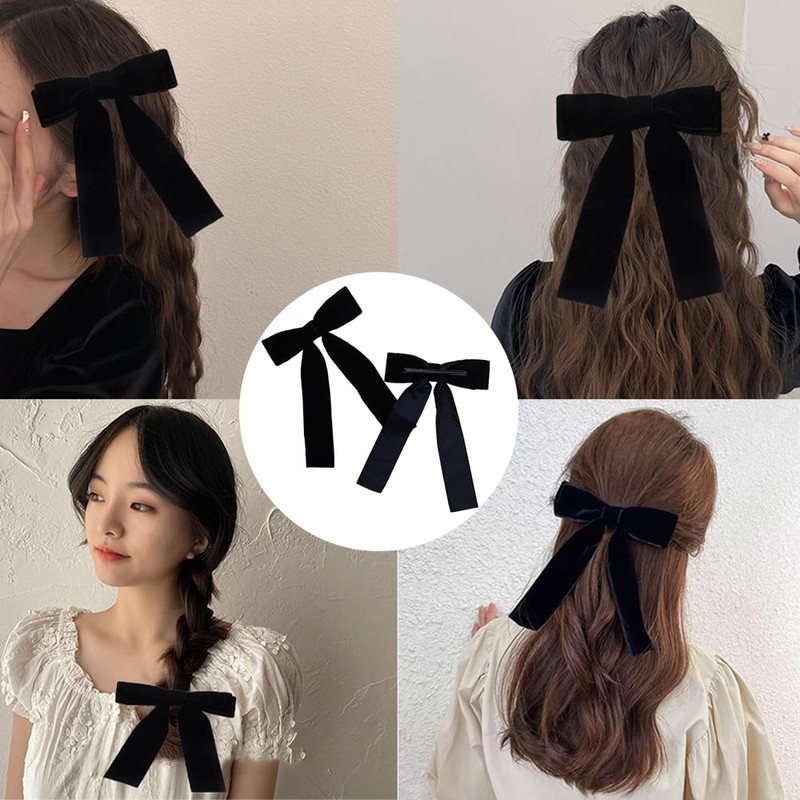 CHANJIF ベロア リボン 黒 ヘアクリップ ロングリボン 蝶結び ベルベット 小顔 かわいい