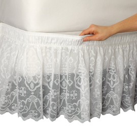 Collections Etc Lace Trimmed Elastic Bed Wrap, Easy Fit Dust Ruffle Bedskirt, White, Twin/Full