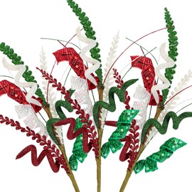 Glitter Curly Sprays Set of 3 Artificial Leaf Christmas Tree Topper Picks 20" Sequins Spiral Stems Candy Sticks for Xmas Tree Wreath Vase Fillers Branches Winter DIY Crafts (Red Green White)