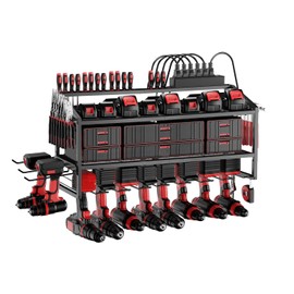 FULOOPHI Power Tool Organizer Wall Mount with Charging Station, 3 Layer Storage Rack and Tool Holder for Garage Organization, 8 Drill Holder Wall Mount and 6 Outlet Power Strip