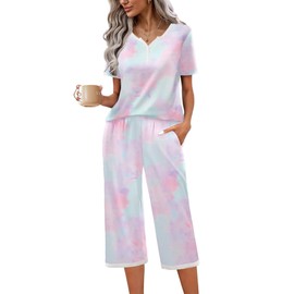 Ekouaer Womens Pajama Sets V Neck Loungewear Short Sleeve Printed Pjs 2 Piece Sleepwear Capri Pant With Pockets Tie-dye/Pink/Blue/Purple XX-Large