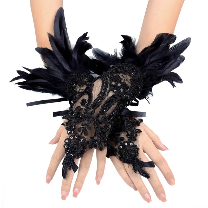 Laroal 1 Pair Women'S Black Feather Lace Long Gloves Sleeve