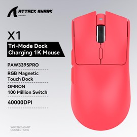 ATTACK SHARK X1 Ultralight Wireless Gaming Mouse with Magnetic RGB Charging Dock,Anti Slip Grip Tape,PixArt PAW3395 Pro Sensor,40000DPI,BT/2.4Ghz/Wired,Optical Micro Switch for PC Mac Gamer(Red)