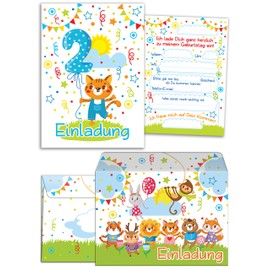 Set of 12 Invitation Cards, Envelopes, Bags, Stickers for 2nd Children's Birthday Boys/Girls Cute Cat (12 Cards + 12 Envelopes + 12 Party Bags (Cross Bottom Bags) + 12 Stickers)
