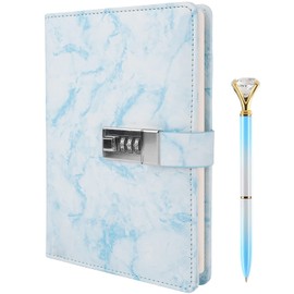 Mousbull Marble Diary with Lock and Pen, Refillable A5 Daily Journal for Girls and Women, 192 Pages Cute Notebook with Combination Lock and Diamond Pen for Teen Girls and Boys - Blue
