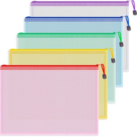 Koogel 5PCS Mesh Zipper Pouch Bags, A4 Zipper File Bags for Organizing Storage, Waterproof Plastic Pencil Pouches, Reusable File Bag for School, Office Classroom Organization Supplies, 5 Colors