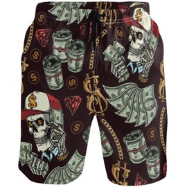 visesunny Mens Swim Trunks Quick Dry Swim Shorts with Mesh Lining Money with Gold Chain Dollar Sign Banknote Skull Red Diamond Print Swimwear Bathing Suits