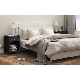 ChooChoo Black Nightstand Set of 2,Night Stand with Charging Station, Wooden Top Bedside End Table with Drawer and Storage Space for Bedroom