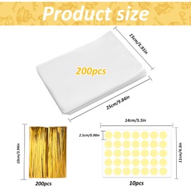 Pack of 200 Candy Bags, 25 x 15 cm Cellophane Bags Small with 200 Cable Ties and 10 Round Stickers, for Wedding, Picnic, Children's Birthday Party Favours, Dessert Packaging Bags