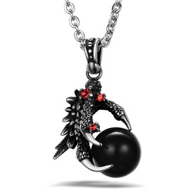 JewelryWe Stainless Steel Gothic Biker Dragon Claw Pendant Necklace with Black Ball, 22 Inch Chain, Colour Black Silver Red (with Gift Bag)