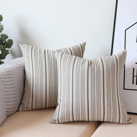 NAVIBULE Gray Pillow Covers Farmhouse Linen Throw Pillow Covers Striped Outdoor Decorative Square Throw Pillows for Couch Sofa Bed 16 x16 in Pack of 2 Gray and Cream