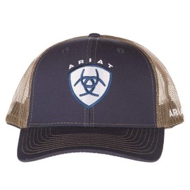 ARIAT Men's Shield Logo Adjustable Cap, Mesh Snap Back, Navy/Tan