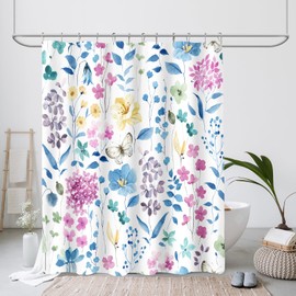 MAYZUS Extra Long Shower Curtain 72 x 84 Inch, Tall Blue Pink Floral Shower Curtains for Bathroom, Watercolor Flower Butterfly Fabric Shower Curtain Set with Hooks