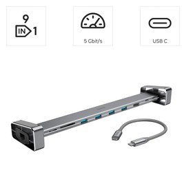 Hama USB C Hub 9 Ports Docking Station with Removable Feet (Multiport Adapter 1x HDMI 4K, 4x USB-A, 1x USB-C PD, 1x LAN Gigabit Ethernet, 2x Card Reader, USB C Adapter 9-in-1 for Office, Home Office)