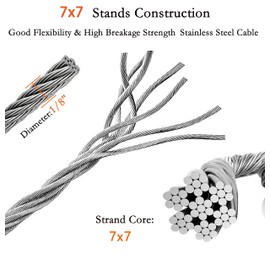 1/8 Inch Stainless Steel Wire Rope Cable Kit,100 ft Length 1/8“ Wire Cable 7x7 Strands with Sleeves, Thimbles, Clips, for Climbing Plants, Deck Railing, Fencing, Outdoor Hanging
