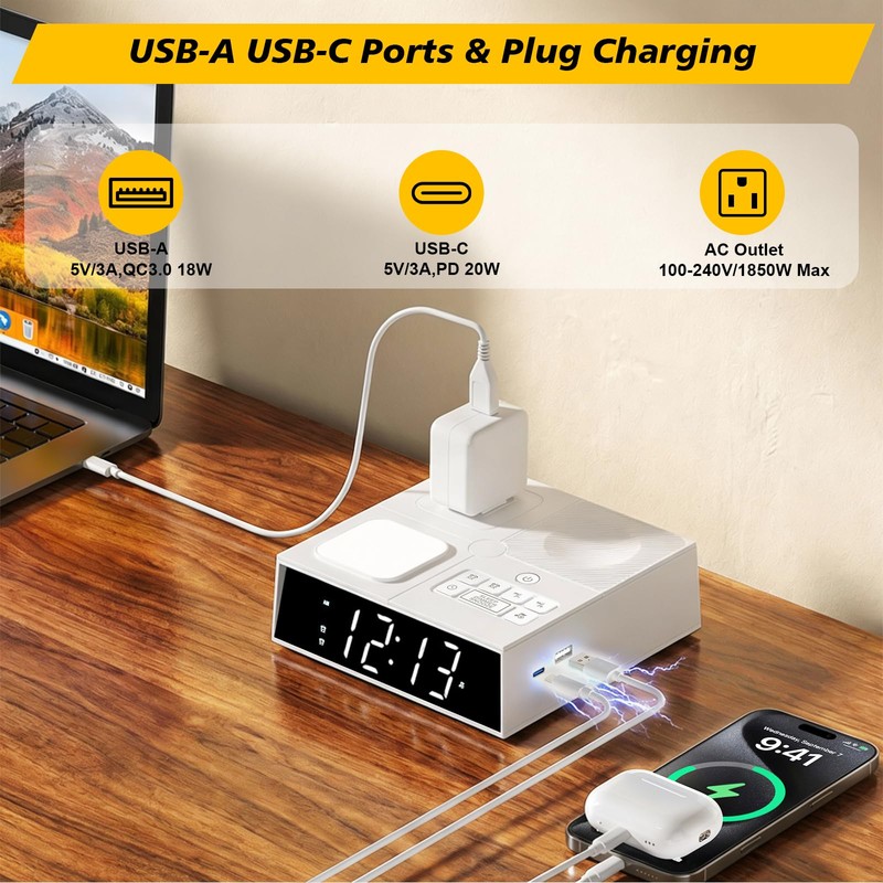 Kungfuking Alarm Clock Power Strip with White Noise, Dual Alarms,