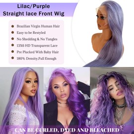 Belaved Lilac Lace Front Wigs Human Hair 13x6 HD Transparent Lace Frontal Wigs for Women Pre Plucked Purple Straight Human Hair Wig 16 Inch 180% Density Glueless Wig
