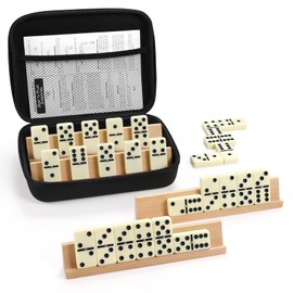 Jumbo Dominos Set for Adults with 4 Wooden Racks/Trays, Double 6 Dominoes Travel Set with Portable Case Double Six Dominoes Set with 4 Tiles Holders, 28 Tiles Dominos Set for Family Board Games