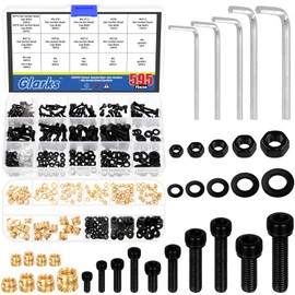 Glarks 595pcs M2/2.5/3/4/5 Socket Head Screw and Thread Brass Knurled Nut Set, Include 160pcs Hex Socket Head Cap, 110pcs Brass Threaded Insert Embedment Nut with Nuts and Washers for 3D Printer Use