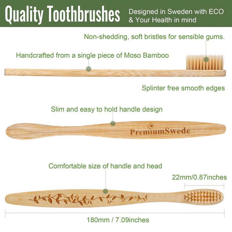 Premiumswede Bamboo Toothbrushes Soft Bristles Adult - 8 Pack Eco-Friendly