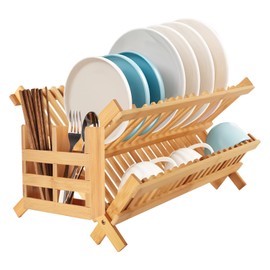 Tefola Bamboo Dish Drying Rack, 2-Tier Foldable Design with Utensil Holder, Kitchen Plate Rack Dish Drainer Rack Dish Racks for Kitchen Counter, 16.5 x 17 inches