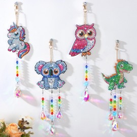 Diamond Art Suncatchers Kit for Kids Gifts, 4 Pcs Double Sided Wind Chime, Crystal Rhinestone Dotz Painting, Animal Style Hanging Ornament for Home Window Beginners Craft DIY Supplies