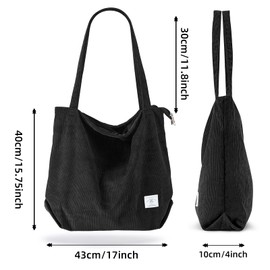 KALIDI Thicken Corduroy Totes Bag Extra Large Capacity Handbags Shoulder Bags with Zipper Cord Tote Bag for Women Ladies Girls Casual Shopping Bag for Work School College Daily Use,Black