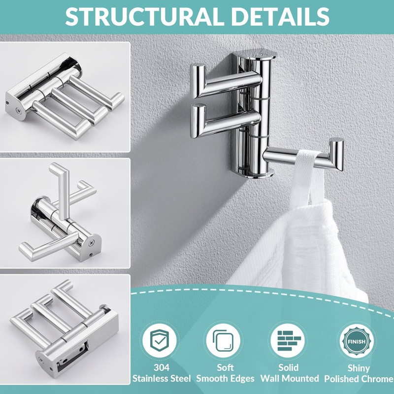 APLusee Swivel Towel Hook Polished Chrome, 304 Stainless Steel Triple