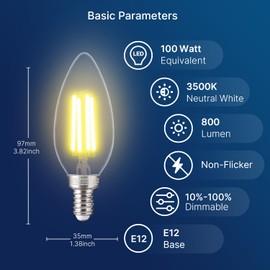 FLSNT 100W Equivalent LED Candelabra Bulbs, 800LM Dimmable B11 E12 LED Chandelier Light Bulbs, 5.5W, 3500K Netural White, 12 Pack