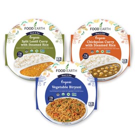 Food Earth Ready to Eat Indian Cuisine Bundle – Split Lentil Curry, Chickpeas Curry with Steamed Rice & Vegetable Biryani – Organic, Vegan, Gluten-Free, GMO-Free, Plant-Based – Pack of 3