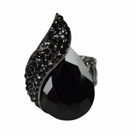 NYFASHION101 Women's Teardrop Stone Studs Fashion Stretch Ring, Curvy Black/Hematite-Tone