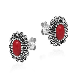 AeraVida Floral Inspired Oval Reconstructed Red Coral Inlays on .925 Sterling Silver Flower Post Stud Earrings for Spring and Summer Inspired Fashion Accessories for Women