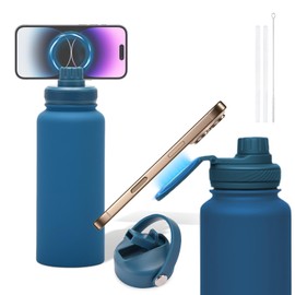 Mannicix Thermos Flask, Thermos Flask with Straw, Stainless Steel Drinking Bottle 1000 ml + 2 Lids, 100% Leak-Proof for Sports, Outdoors, School, University, Bicycle, Office, Camping (Blue)