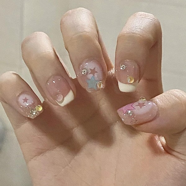 French Cute False Nails Extra Short Kids Stick on Nails with Mermaid Bubble Beads 24pcs Square Press On Nails with Glue Sweet Colour Design Funny Fake Nails for Women Girls (Sweet Heart)