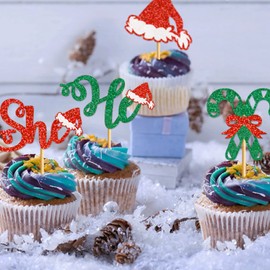 24PCS Christmas Gender Reveal Cupcke Topper Christmas He or She Cupcake Topper Christmas Gender Reveal Party Decorations Christmas Gender Reveal Party Supplies